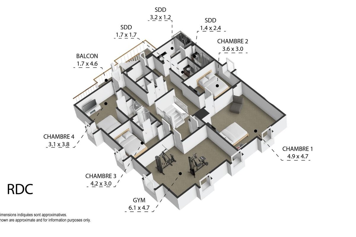 A 3D floor plan (RDC) detailing 4 bedrooms, 3 bathrooms, a gym, and a balcony with all dimensions indicated.