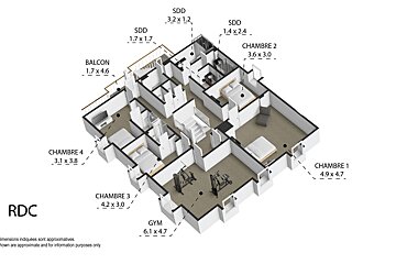 A 3D isometric floor plan of a ground floor (RDC) featuring four bedrooms, three bathrooms, a gym, and a balcony, with dimensions.