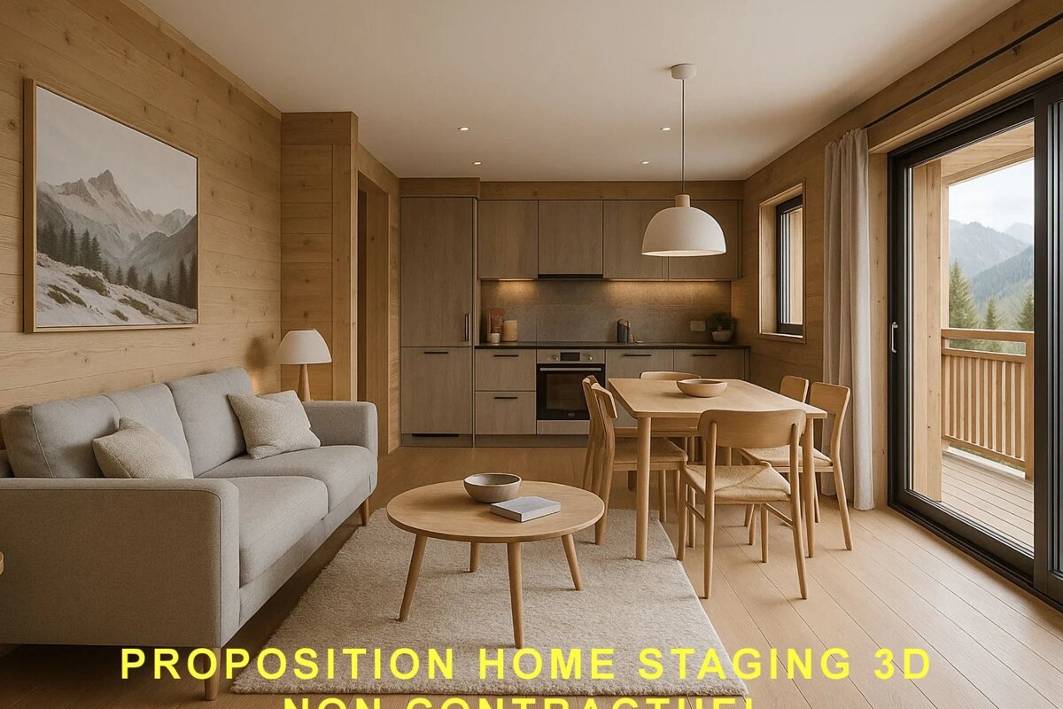Modern chalet interior with light wood paneling, featuring a grey sofa, dining table, kitchen, and sliding doors to a balcony.