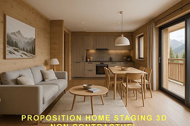Modern chalet interior with light wood paneling, featuring a grey sofa, dining table, kitchen, and sliding doors to a balcony.