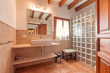 A bathroom with a glass block wall and a sink