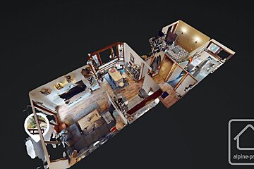 A 3D model of a modern apartment layout with wooden floors and various rooms, shown on a black background.