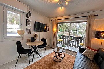 A chic, modern studio apartment featuring a dining area, TV, living space with a black sofa & orange rug, plus a balcony with a snowy outdoor view.