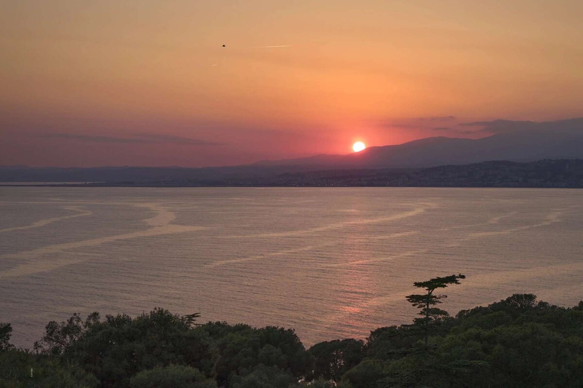 A vibrant sunset casts an orange glow over a vast sea, with the sun dipping behind distant mountains and dark trees in the foreground.