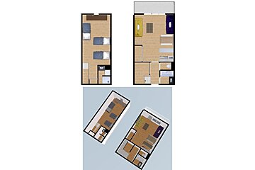 Three floor plans of a house with a balcony