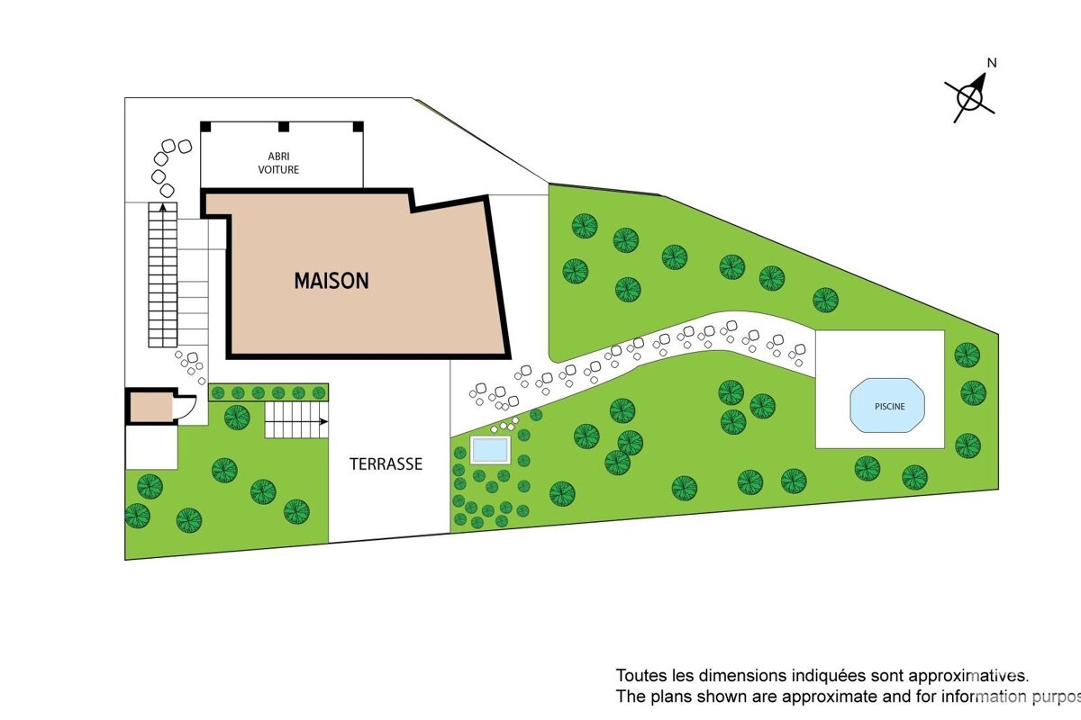 Overhead architectural plan showing a house (Maison), carport, terrace, garden with trees, and a swimming pool (Piscine). Features French labels.