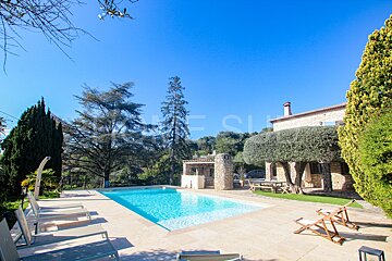 A large swimming pool is surrounded by lawn chairs and trees
