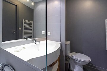 A bathroom with a toilet a sink and a mirror