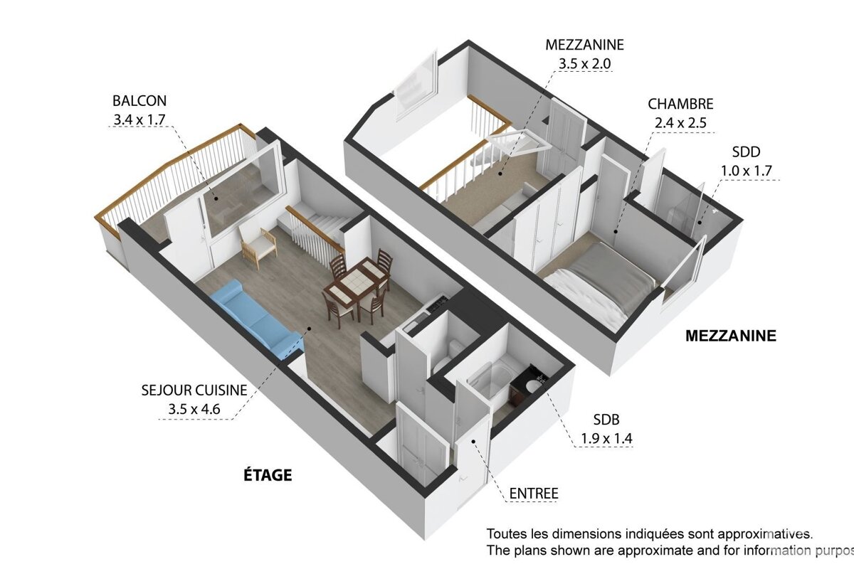 A 3D architectural floor plan of a two-level apartment. The main floor features a living/kitchen, balcony, and bathroom. Upstairs are a bedroom, mezzanine, and shower room.