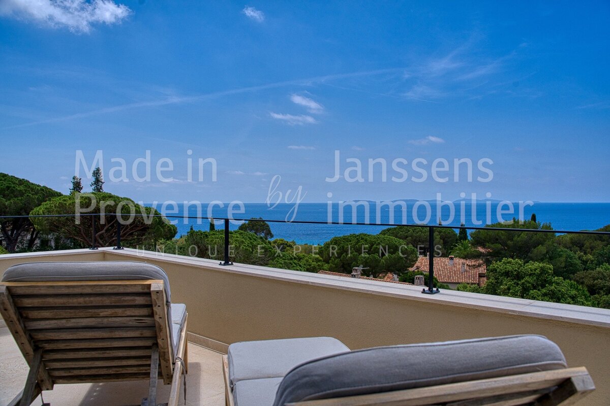 A balcony with a view of the ocean and the words made in provence by janssens immobilier