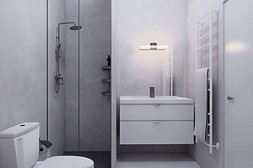 A modern, minimalist bathroom with a shower, toilet, floating vanity, and towel warmer, all in a clean, light grey and white color palette.