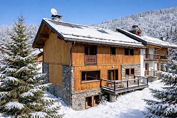 A charming wooden and stone chalet, roof and ground covered in fresh snow, nestled among snowy pine trees with majestic mountains under a clear blue sky.