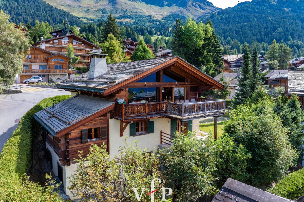 An aerial view of a chalet with the vip logo on the roof