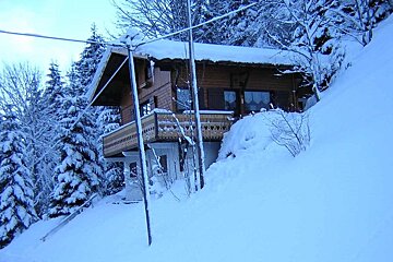 A cozy wooden chalet is blanketed in deep snow on a steep, snow-covered mountain slope, surrounded by snow-laden evergreen trees.