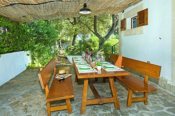 A wooden table with plates and glasses on it