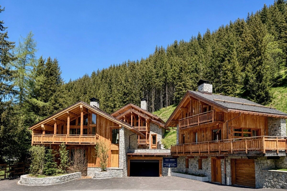 Wooden alpine chalets with stone foundations, nestled against a dense pine forest on a hillside under a clear blue sky.