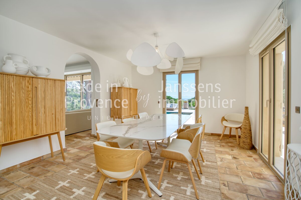 A dining room with a marble table and chairs made in provence by janssens immobilier