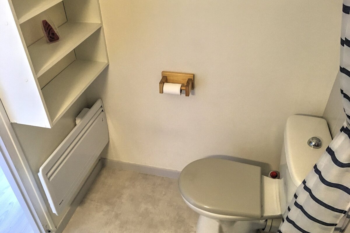A bathroom with a toilet and a shower curtain