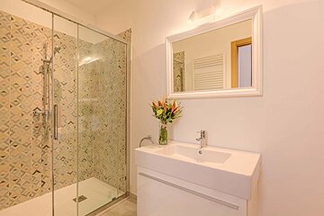 A bathroom with a sink a mirror and a walk in shower