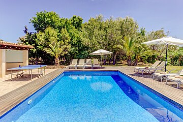 Bright outdoor pool area with a blue tiled pool, wooden deck, sun loungers, and lush green trees. A ping pong table sits nearby.