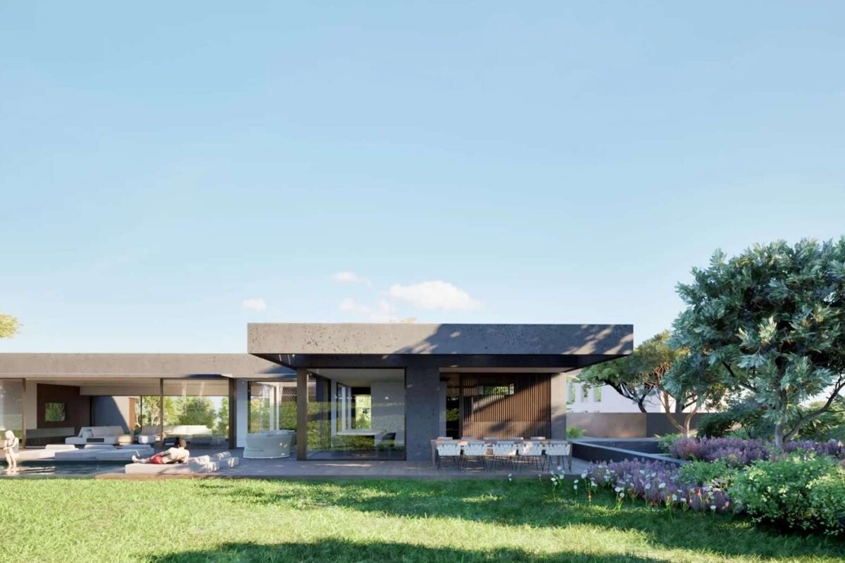 An architectural render of a modern house with a pool, grassy lawn, outdoor dining, and lush landscaping under a bright blue sky.