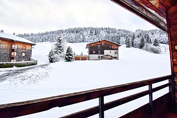A view of a snowy landscape from a balcony