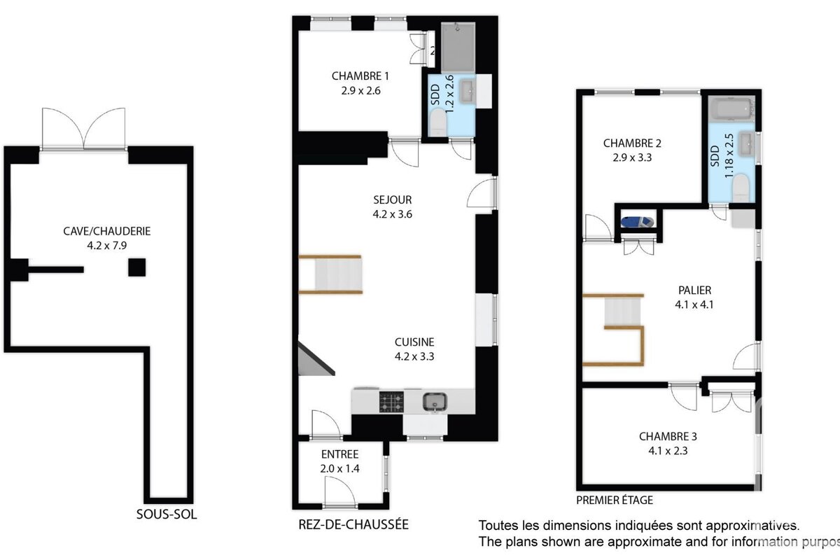 A three-story house floor plan: basement (boiler/cellar), ground floor (entry, kitchen, living, bedroom, bath), upper floor (2 bedrooms, bath). Dimensions in French.