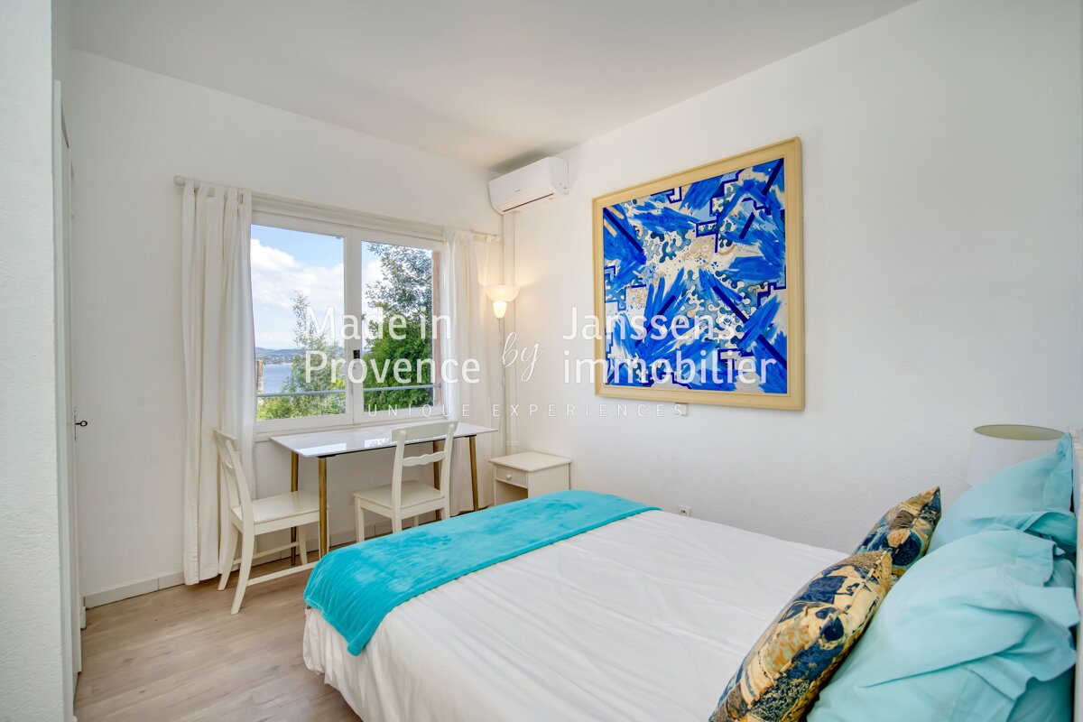 A bedroom with a blue painting on the wall and the words made in provence by immobilier