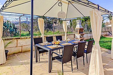 A patio with a table and chairs under a canopy