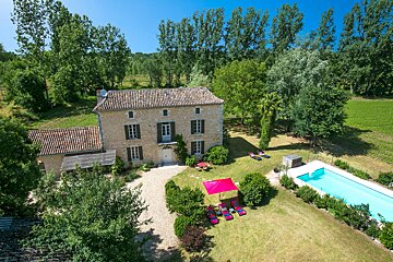 An aerial view of a house with a swimming pool