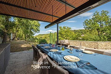 A table with plates and utensils on it and the words made in provence by janssens immobilier
