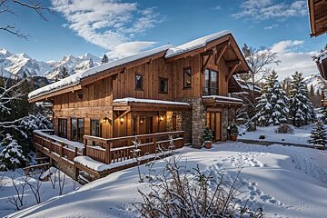 A large wooden house is surrounded by snow and trees