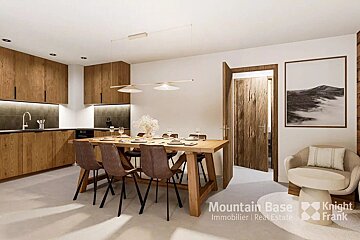 An artist 's impression of a kitchen and dining room from mountain base