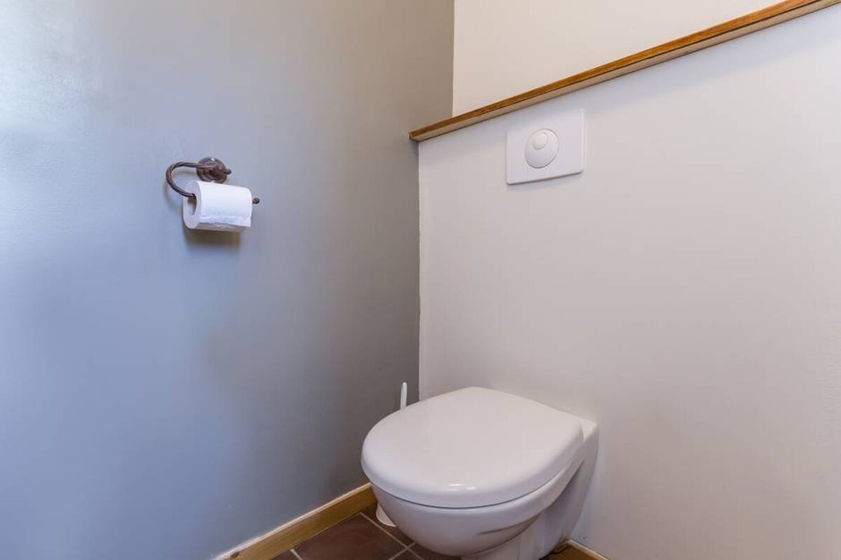 A toilet in a bathroom next to a paper towel holder