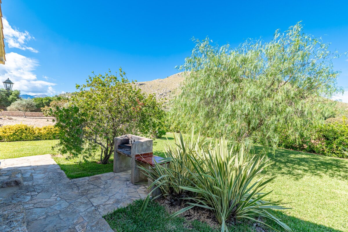 A lush green garden with a stone walkway and a barbecue grill