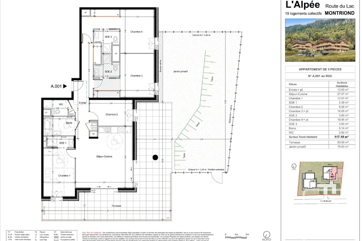 Architectural floor plan for a 5-room apartment (A.001) in the L'Alpée project, with private garden, terrace, surface table, and building rendering.