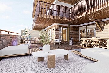 A stylish wooden chalet patio with cozy seating, a dining table, and festive lights, featuring a lit Christmas tree and reindeer decoration.