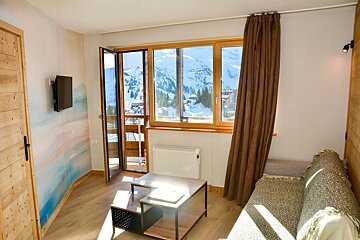 Cozy living room with gray sofa and modern coffee table. Large windows reveal a bright, snowy mountain view with sun glare. A deer head decorates the wall.