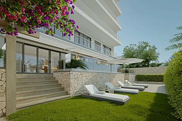 An artist 's impression of a backyard with lawn chairs and umbrellas