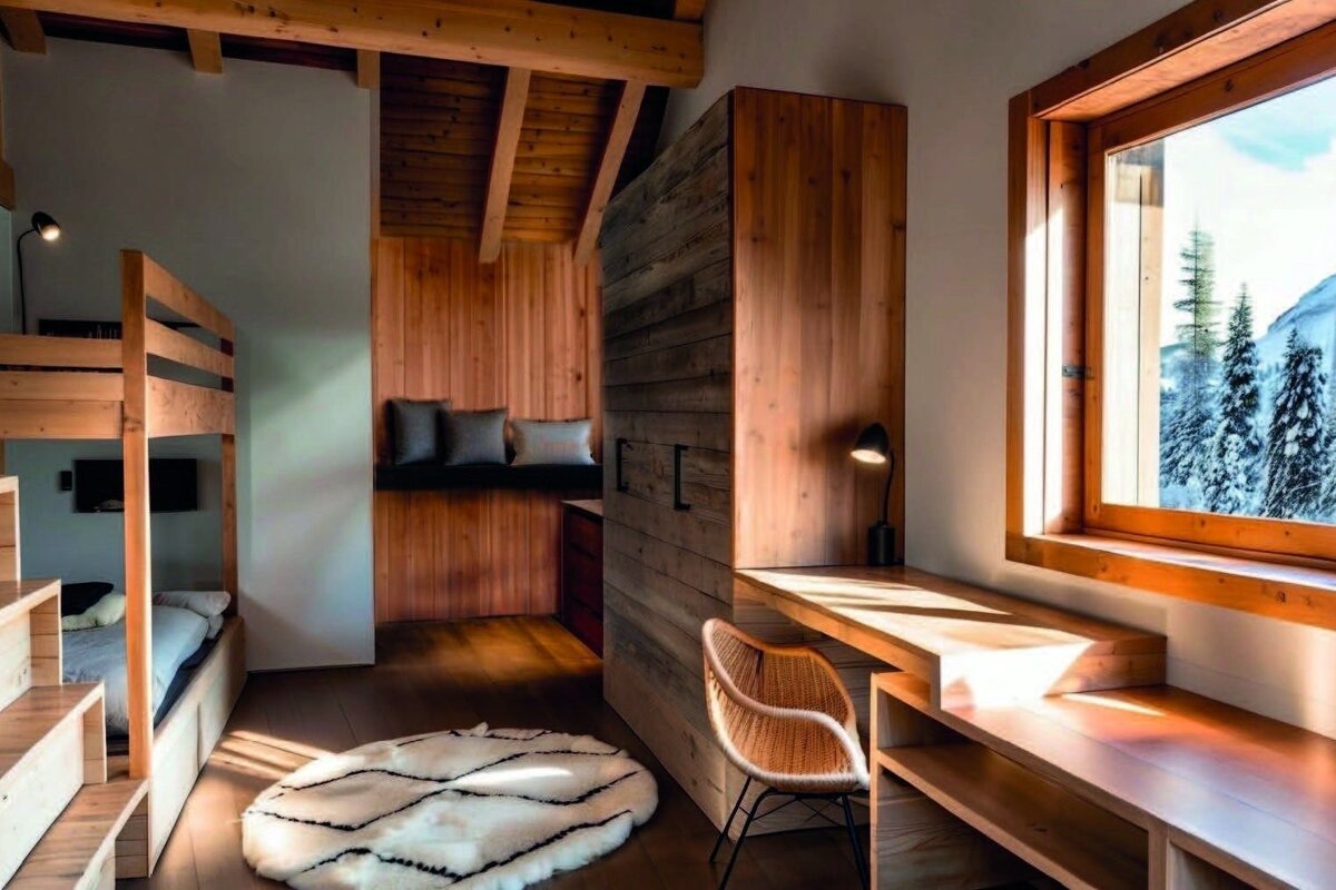 Cozy wooden cabin bedroom with built-in bunk beds, a desk, and a window looking out at snowy pine trees.