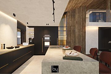 A rendering of a kitchen and dining room by bu