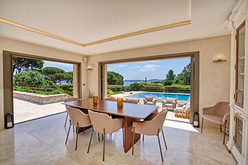 A dining room with a table and chairs and a view of a pool