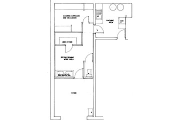 A black and white floor plan shows the washing area