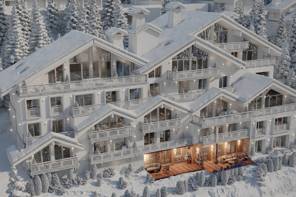 A grand, snow-covered alpine hotel with balconies, large windows, and a glowing patio, surrounded by frosted trees, creating a warm winter scene.