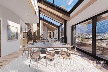 An artist 's impression of a dining room with a large table and chairs