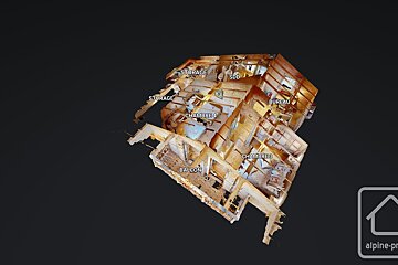 A 3d model of a house with the words storage chambered and balcony