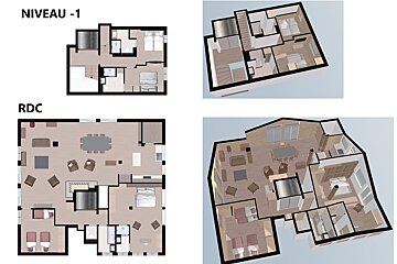 2D and 3D architectural floor plans showing 'Niveau -1' and 'RDC' (ground floor) layouts of a house.