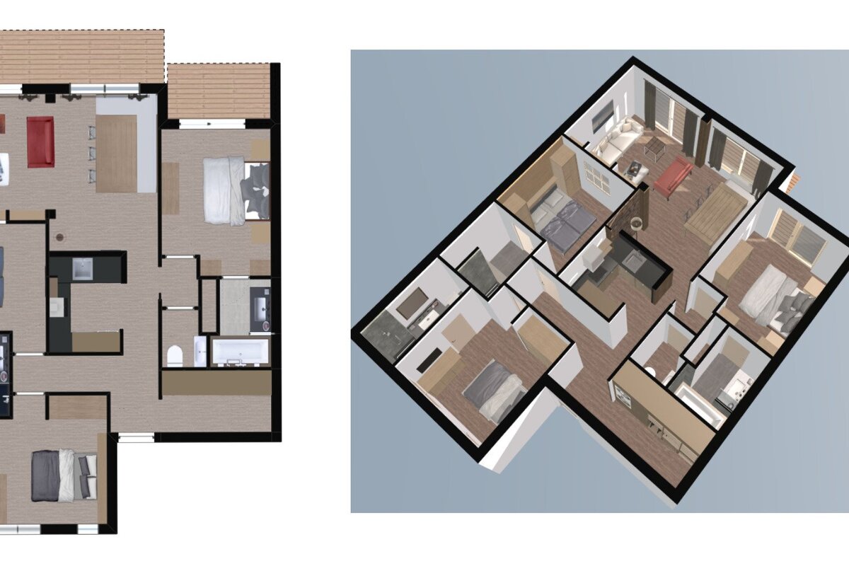A 3d floor plan of a house with a balcony