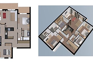 A 3d floor plan of a house with a balcony