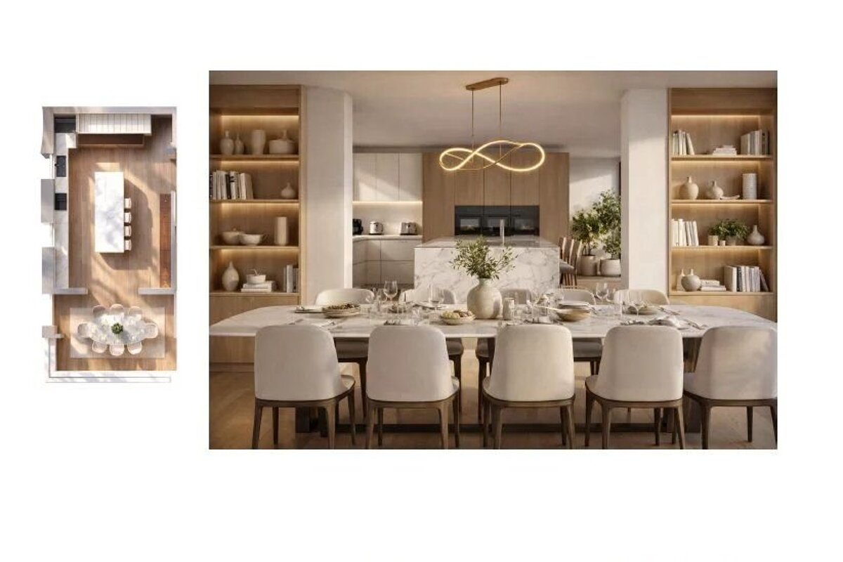 Modern dining room rendering with white chairs, a marble table, wood shelves, and an overhead floor plan layout on the left.